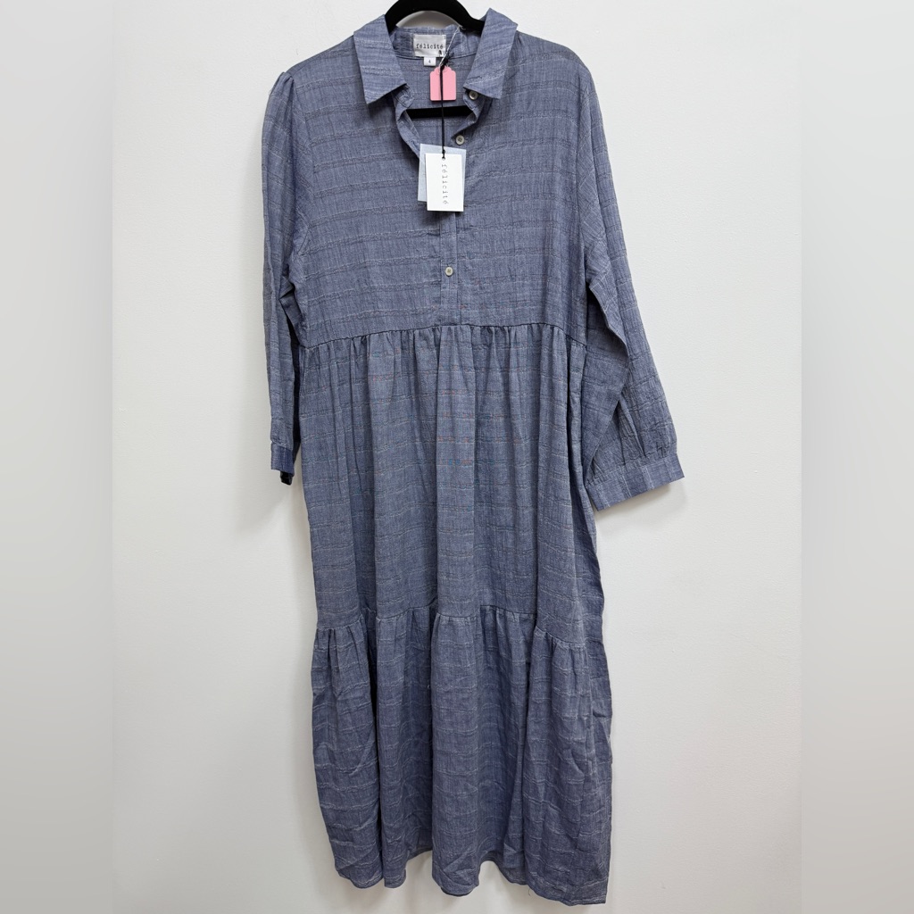 Felicite Blue Plaid Button-Up Dress, Nwt, Size Large, Maxi Length